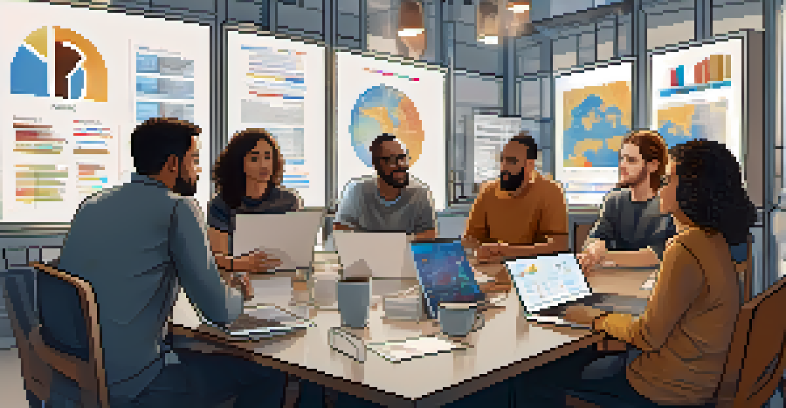 A group of diverse people discussing cryptocurrency around a table with laptops and coffee.