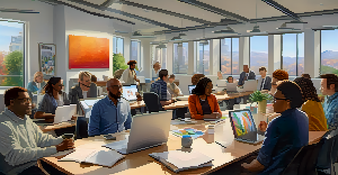 A diverse group of people in a modern office space discussing together, with laptops and colorful artwork on the walls.