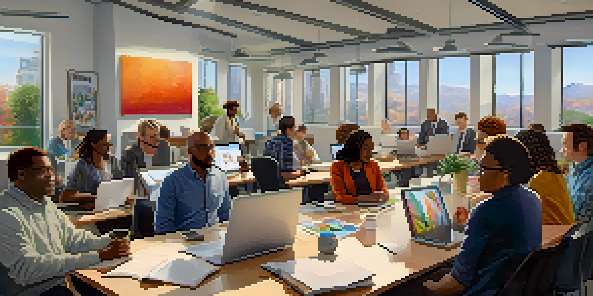 A diverse group of people in a modern office space discussing together, with laptops and colorful artwork on the walls.