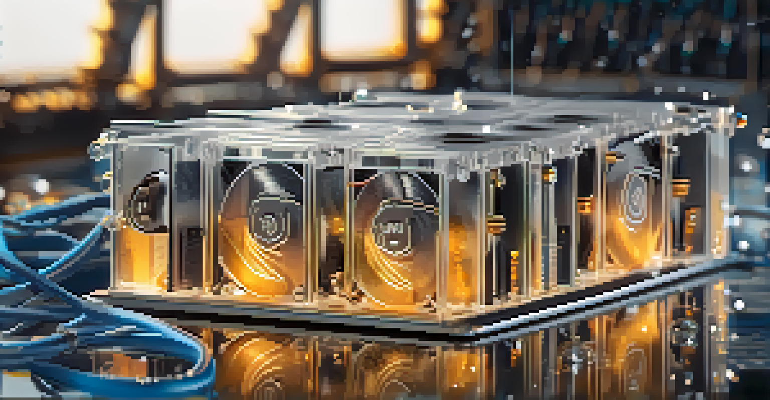 A close-up of a cryptocurrency mining rig submerged in a non-conductive liquid, with bubbles and reflections, highlighted by warm lighting.