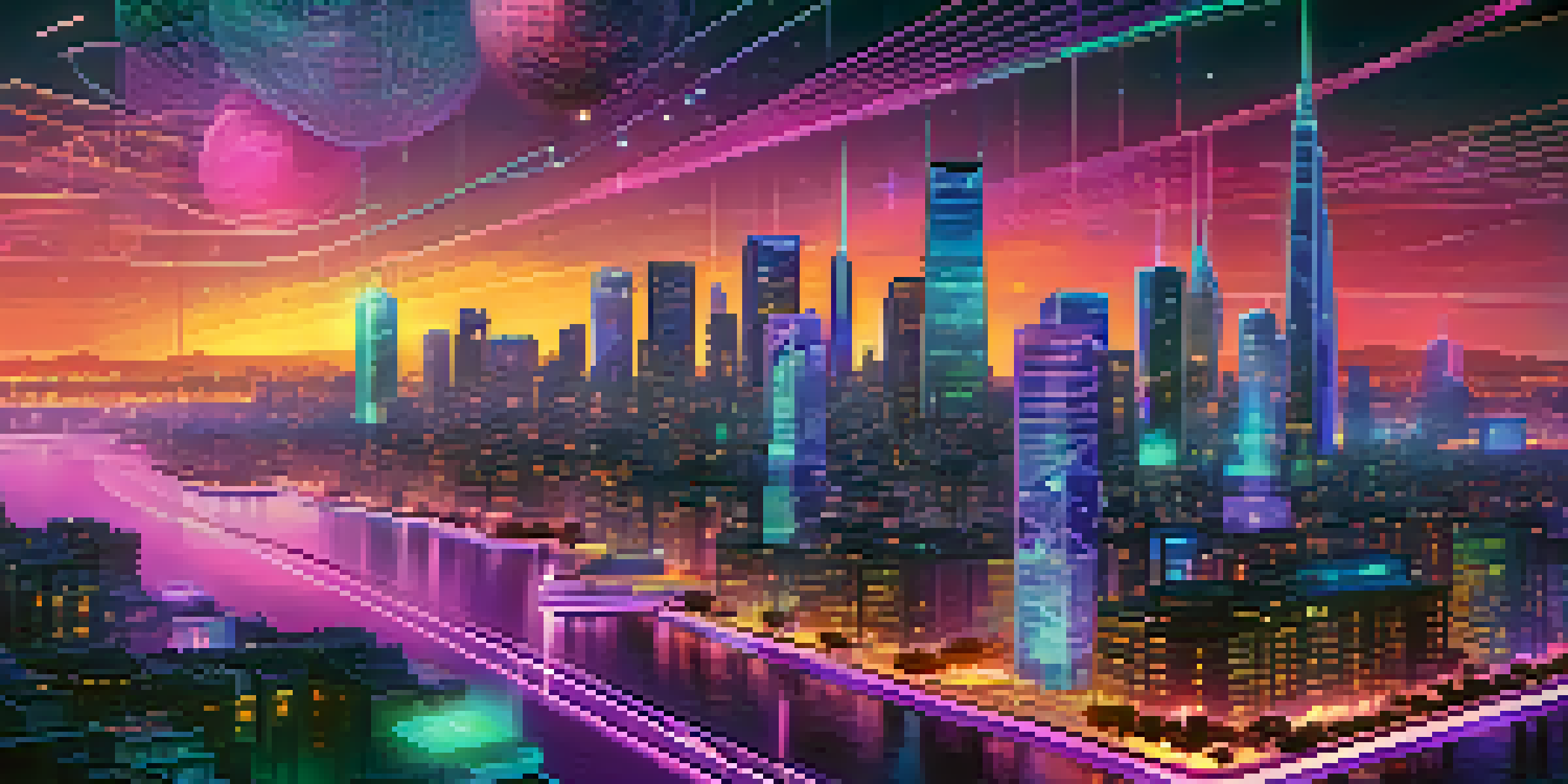 A futuristic city representing decentralized finance, with glowing blockchain nodes and diverse individuals using digital devices.
