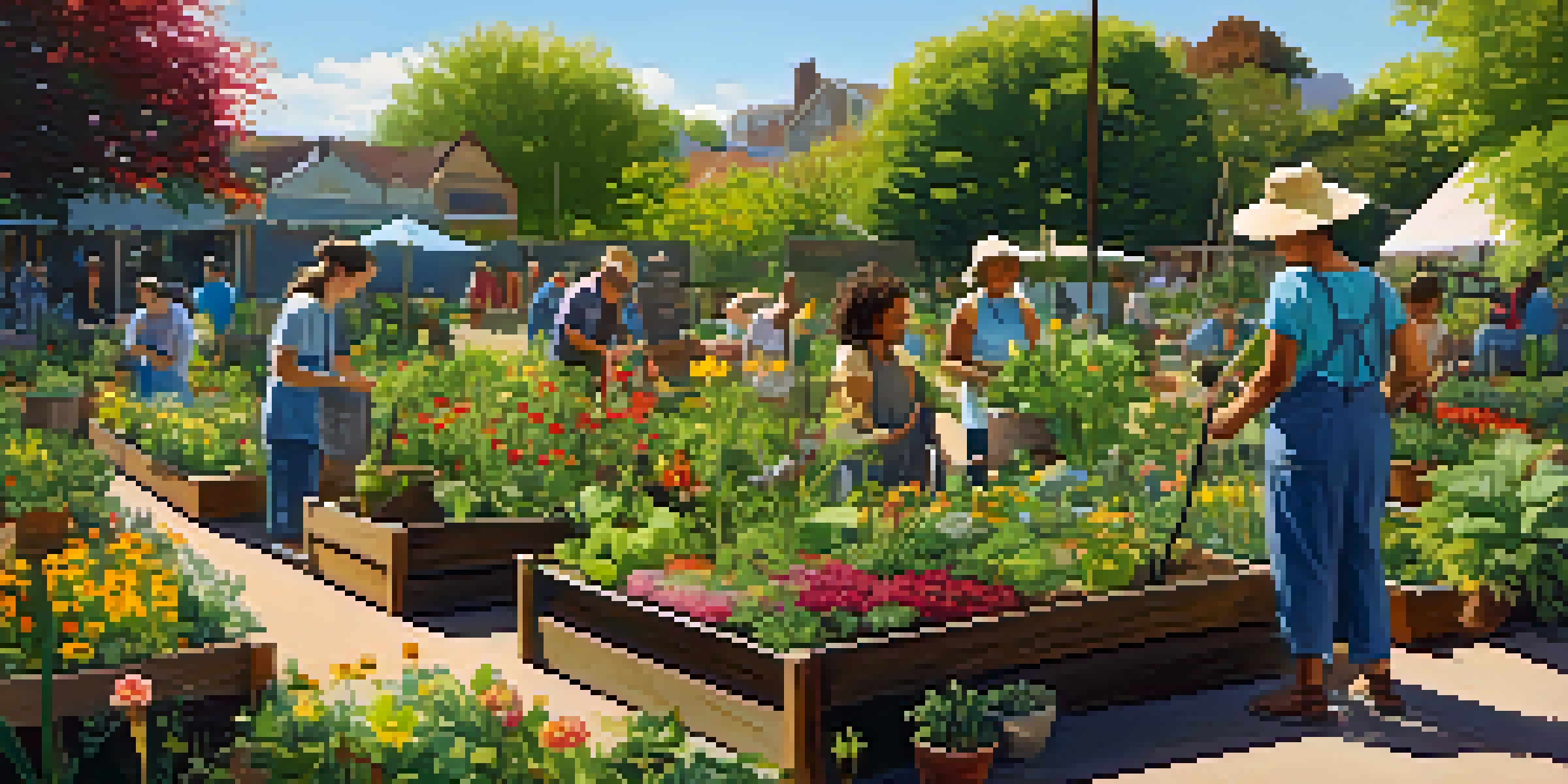 A vibrant community garden with people working together to care for plants under a clear blue sky.