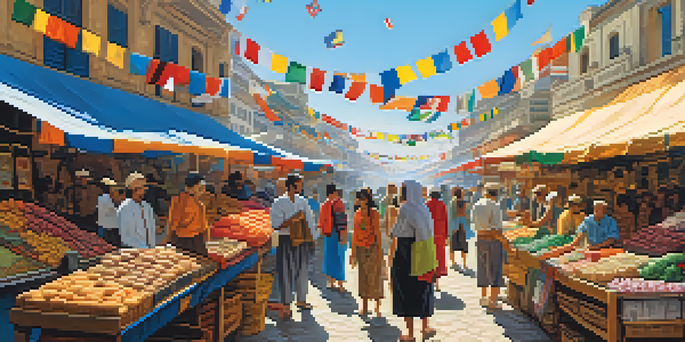 A lively international marketplace with vendors and people exchanging goods, surrounded by flags from different countries.