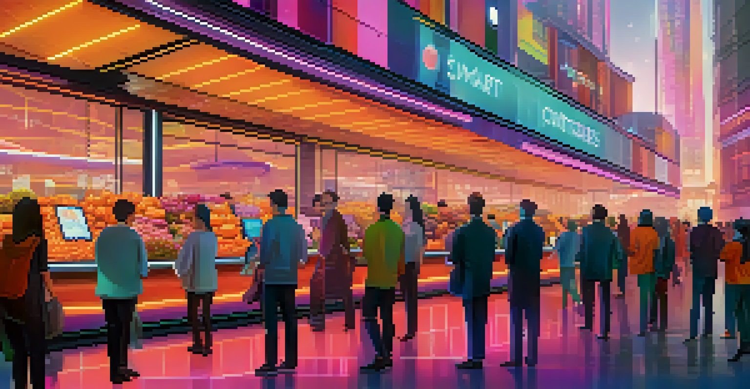 A futuristic marketplace with digital screens showing smart contracts and automated transactions, filled with consumers and vibrant colors.
