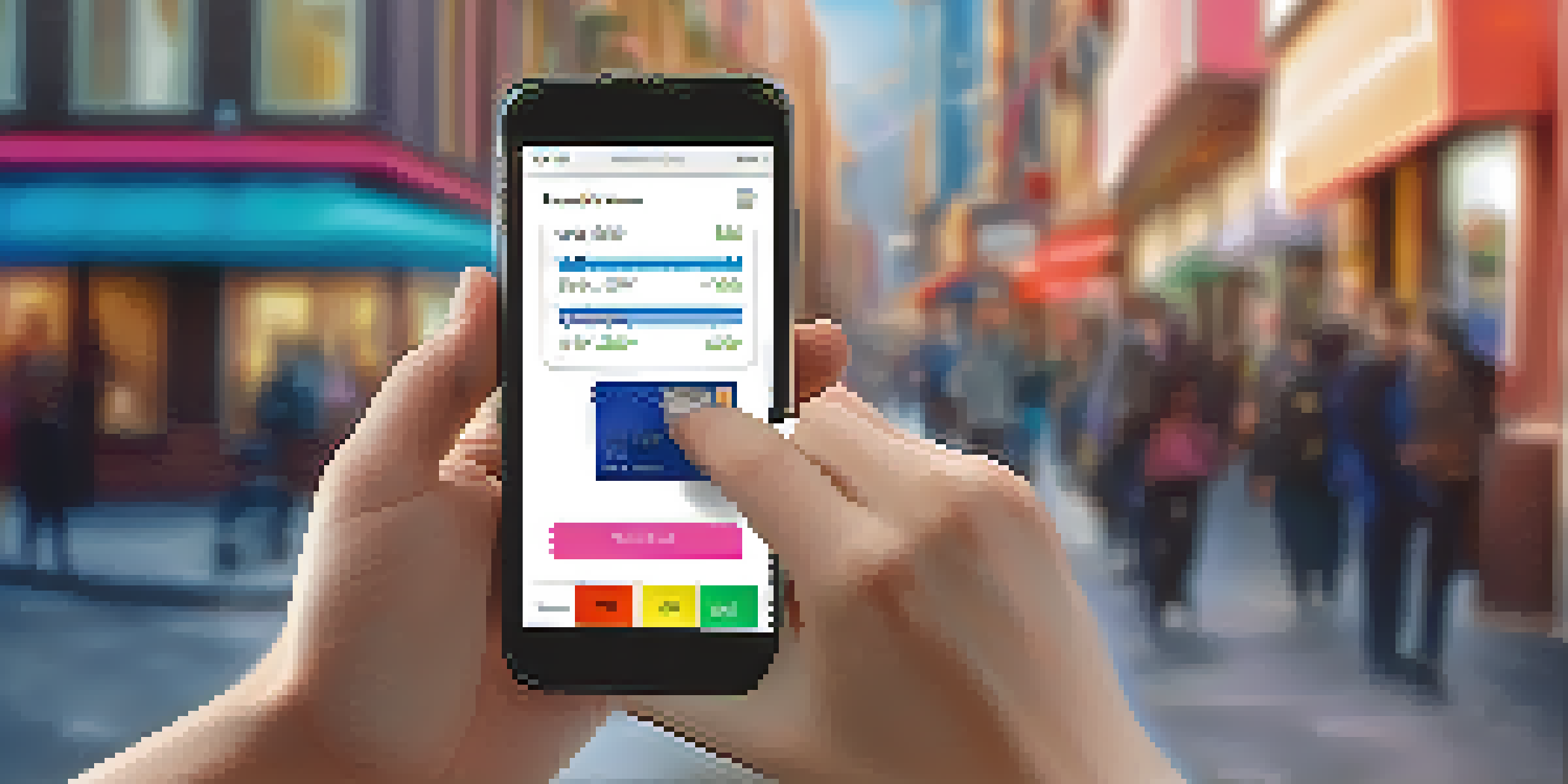 A smartphone with a mobile payment app on its screen, set against a blurred urban background.