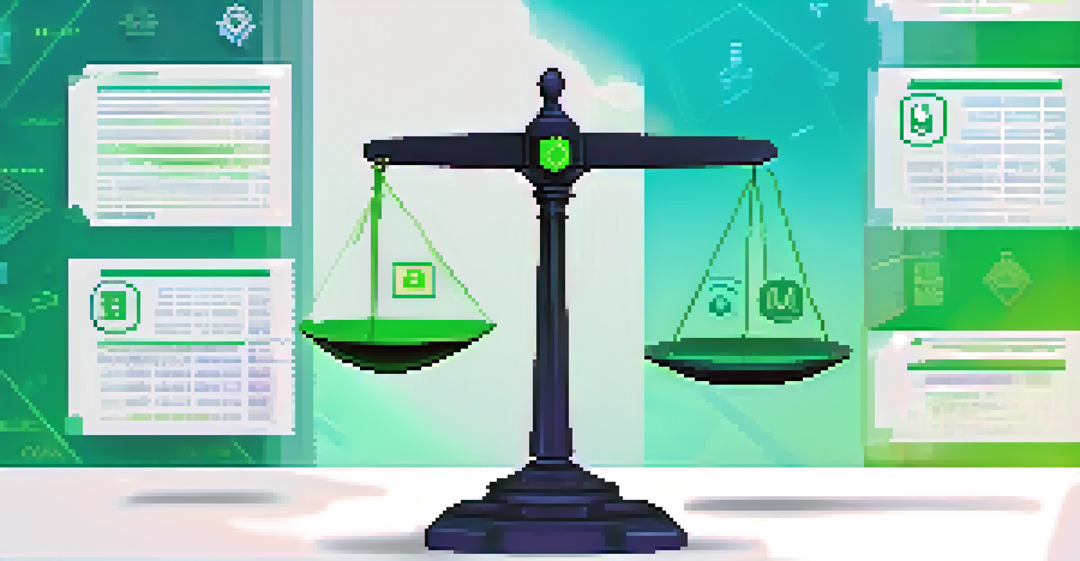 A balanced scale with technology symbols on one side and regulatory symbols on the other, set against a harmonious gradient background.