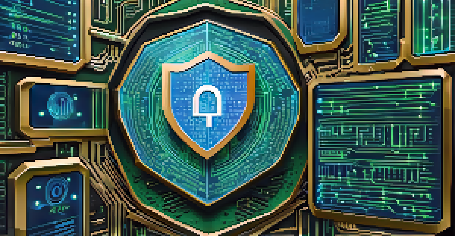 An artistic digital shield symbolizing cybersecurity regulations in cryptocurrency, with icons representing compliance and data protection in a matrix-like backdrop.