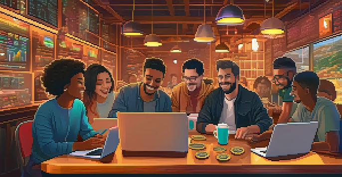 A cozy coffee shop scene with a diverse group of people discussing cryptocurrency, surrounded by laptops showing colorful charts.
