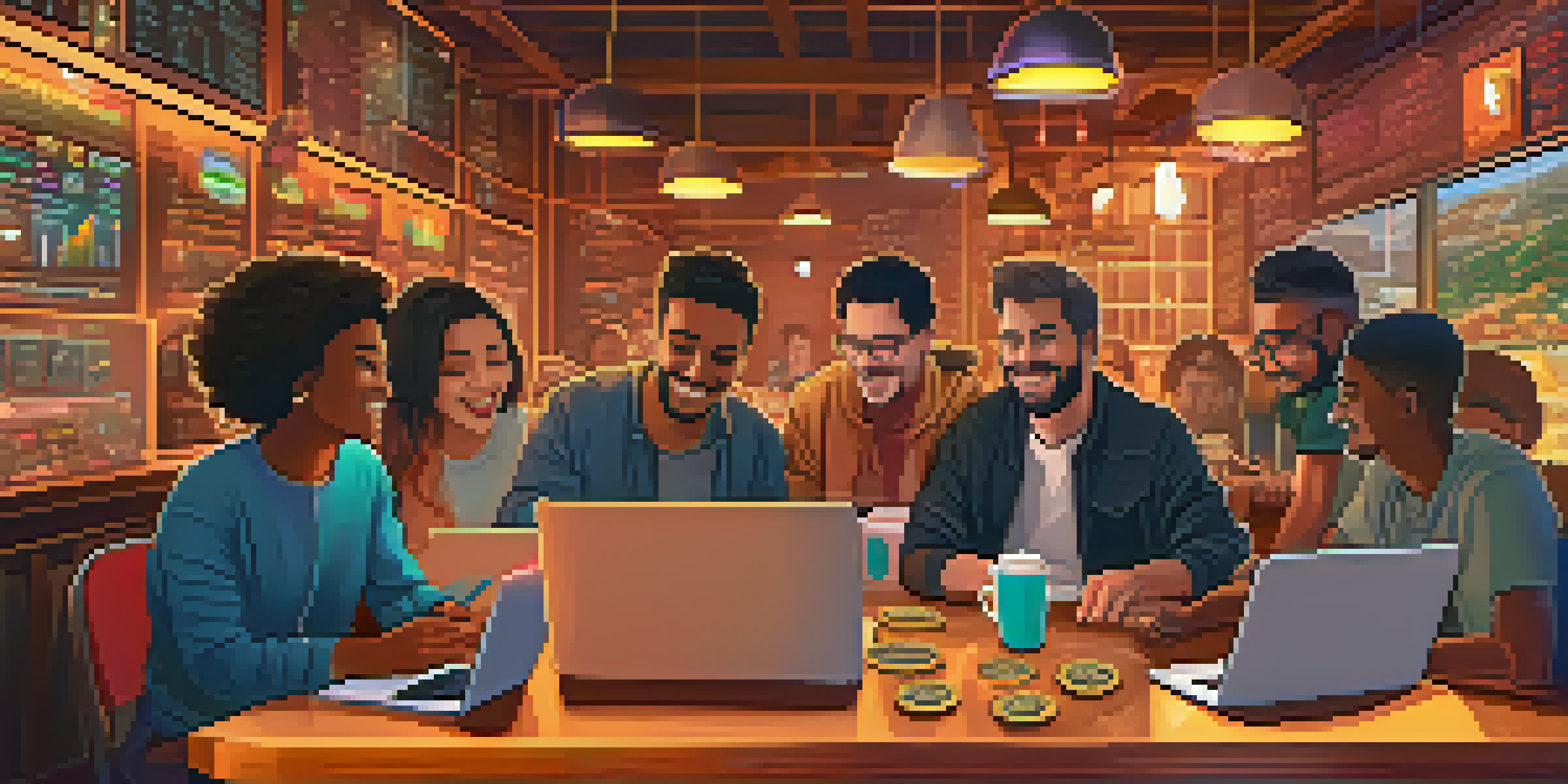 A cozy coffee shop scene with a diverse group of people discussing cryptocurrency, surrounded by laptops showing colorful charts.