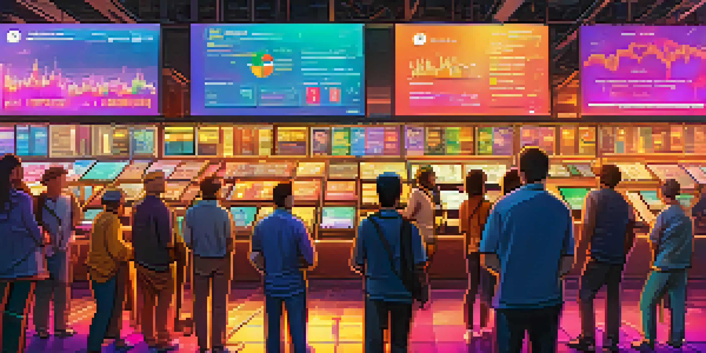 A lively cryptocurrency market with diverse people trading and analyzing digital screens showing prices.
