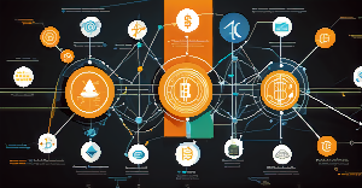 An infographic illustrating interoperability in blockchain with icons of cryptocurrencies and cross-chain bridges, connected by arrows.