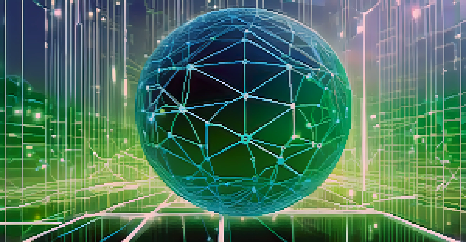 An illustration of a blockchain network with glowing nodes and connections on a blue and green gradient background.