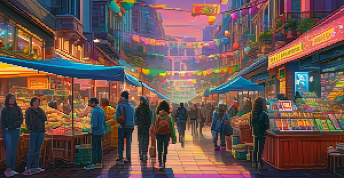 A lively digital marketplace displaying diverse artists' NFT artworks in a colorful and bustling environment, representing innovation and creativity.