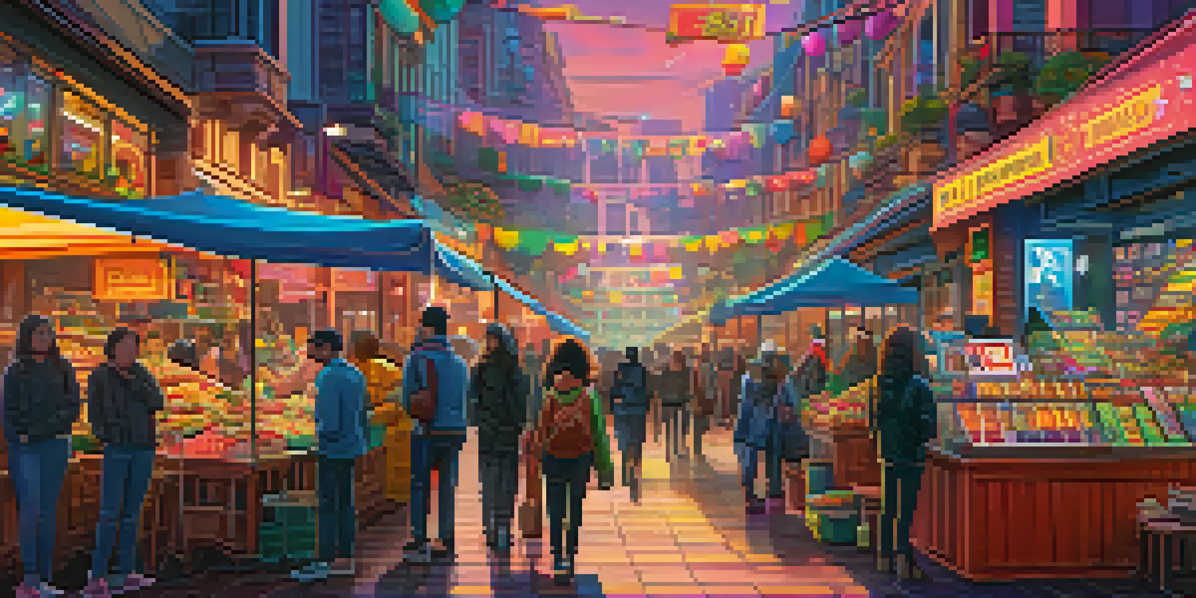 A lively digital marketplace displaying diverse artists' NFT artworks in a colorful and bustling environment, representing innovation and creativity.