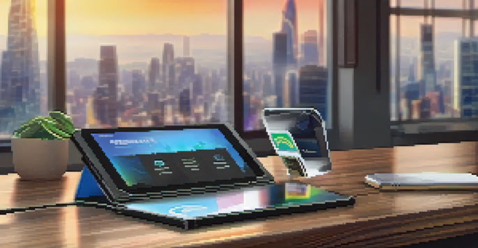 A modern multi-signature cryptocurrency wallet on a wooden desk, with digital keys displayed on a screen and a city skyline in the background.