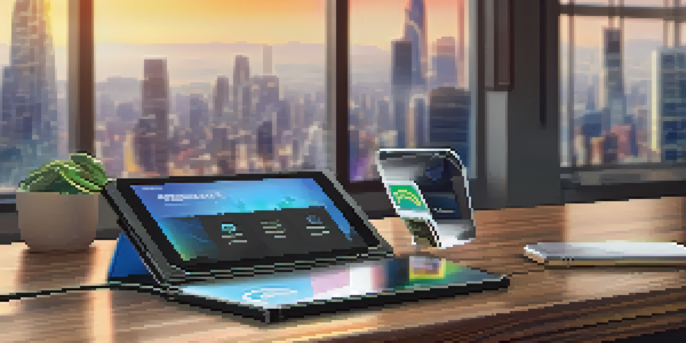 A modern multi-signature cryptocurrency wallet on a wooden desk, with digital keys displayed on a screen and a city skyline in the background.