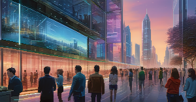 A modern city skyline at dusk with illuminated buildings and people using holographic interfaces for identity verification.