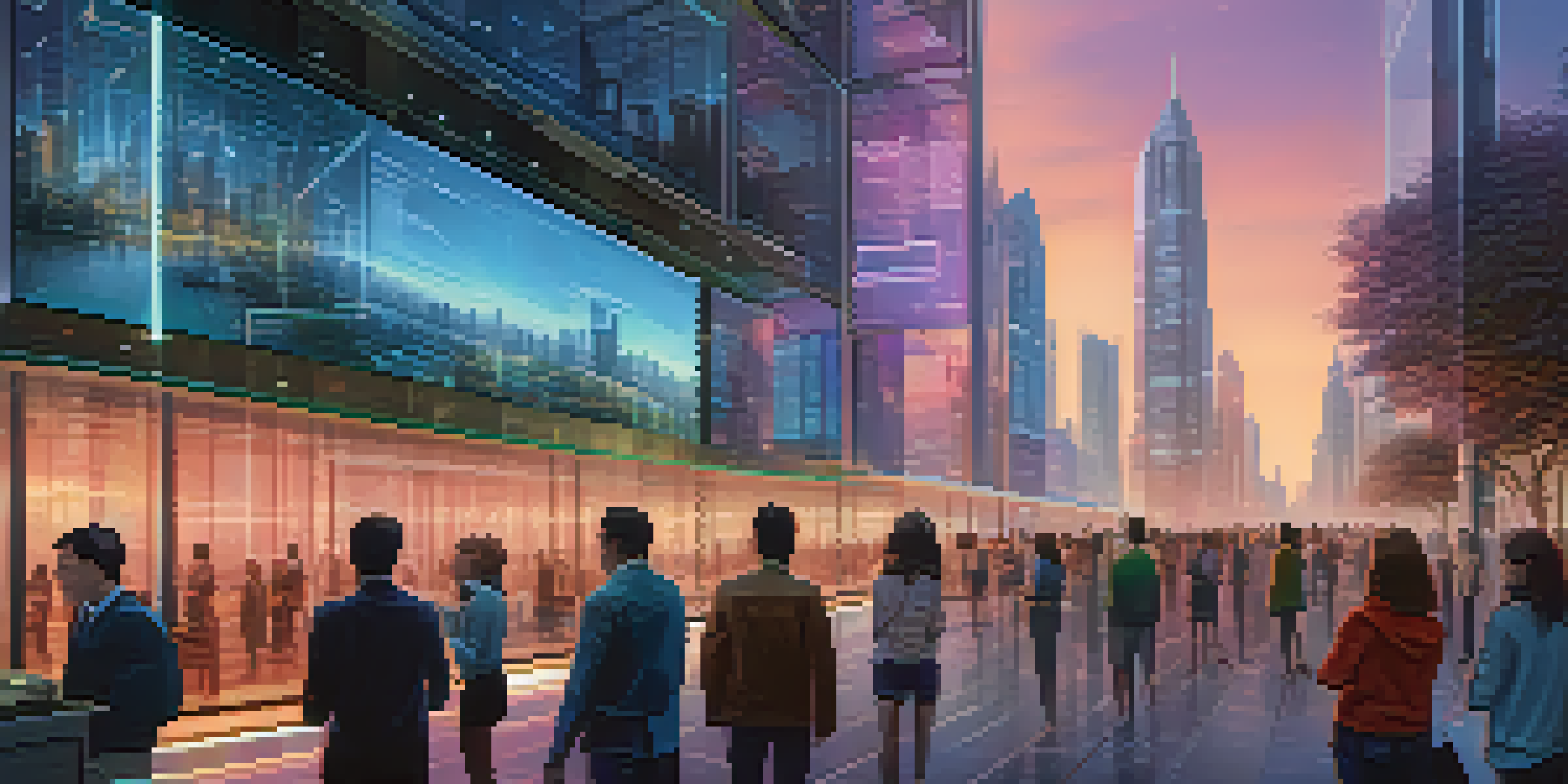 A modern city skyline at dusk with illuminated buildings and people using holographic interfaces for identity verification.