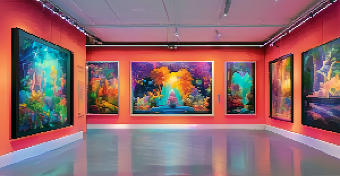 A colorful digital art gallery filled with unique NFTs displayed under soft lighting.