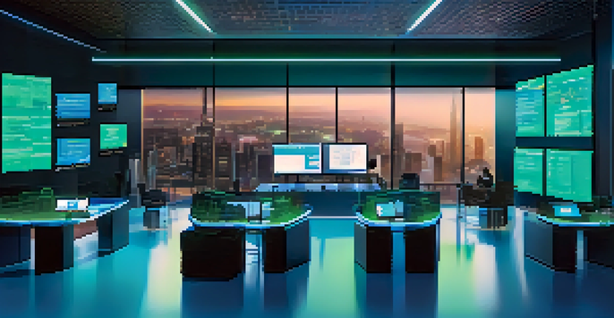 A modern office environment showcasing diverse professionals discussing cryptocurrency and supply chain finance, with a large digital screen displaying transaction graphs.