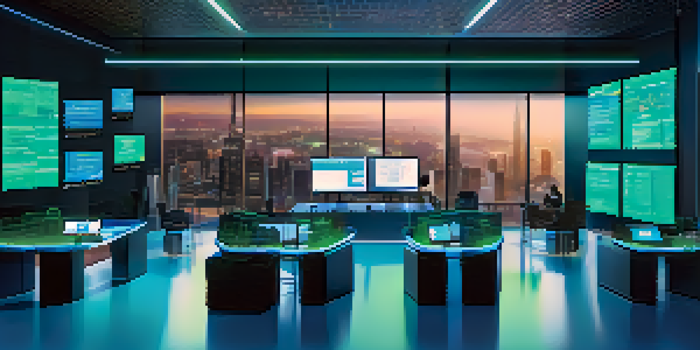 A modern office environment showcasing diverse professionals discussing cryptocurrency and supply chain finance, with a large digital screen displaying transaction graphs.