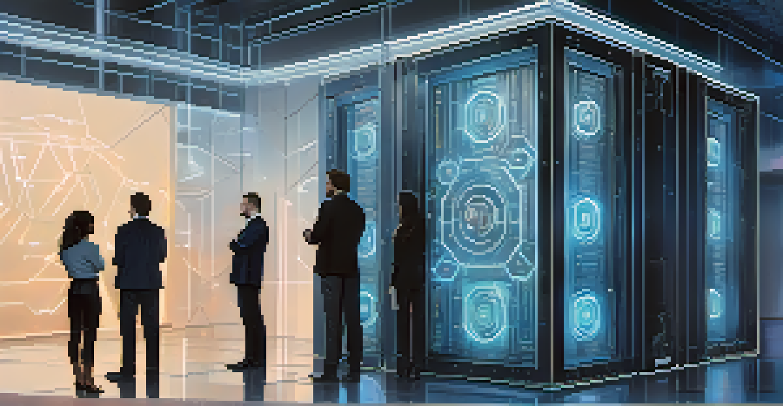 A modern digital vault representing blockchain technology, surrounded by glowing data elements and curious individuals.