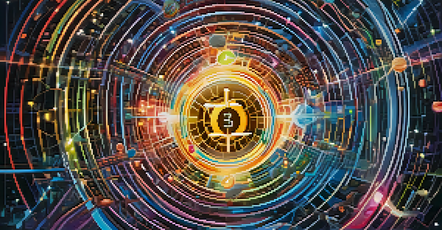 An abstract image depicting quantum computing with colorful data flows and floating digital coins.
