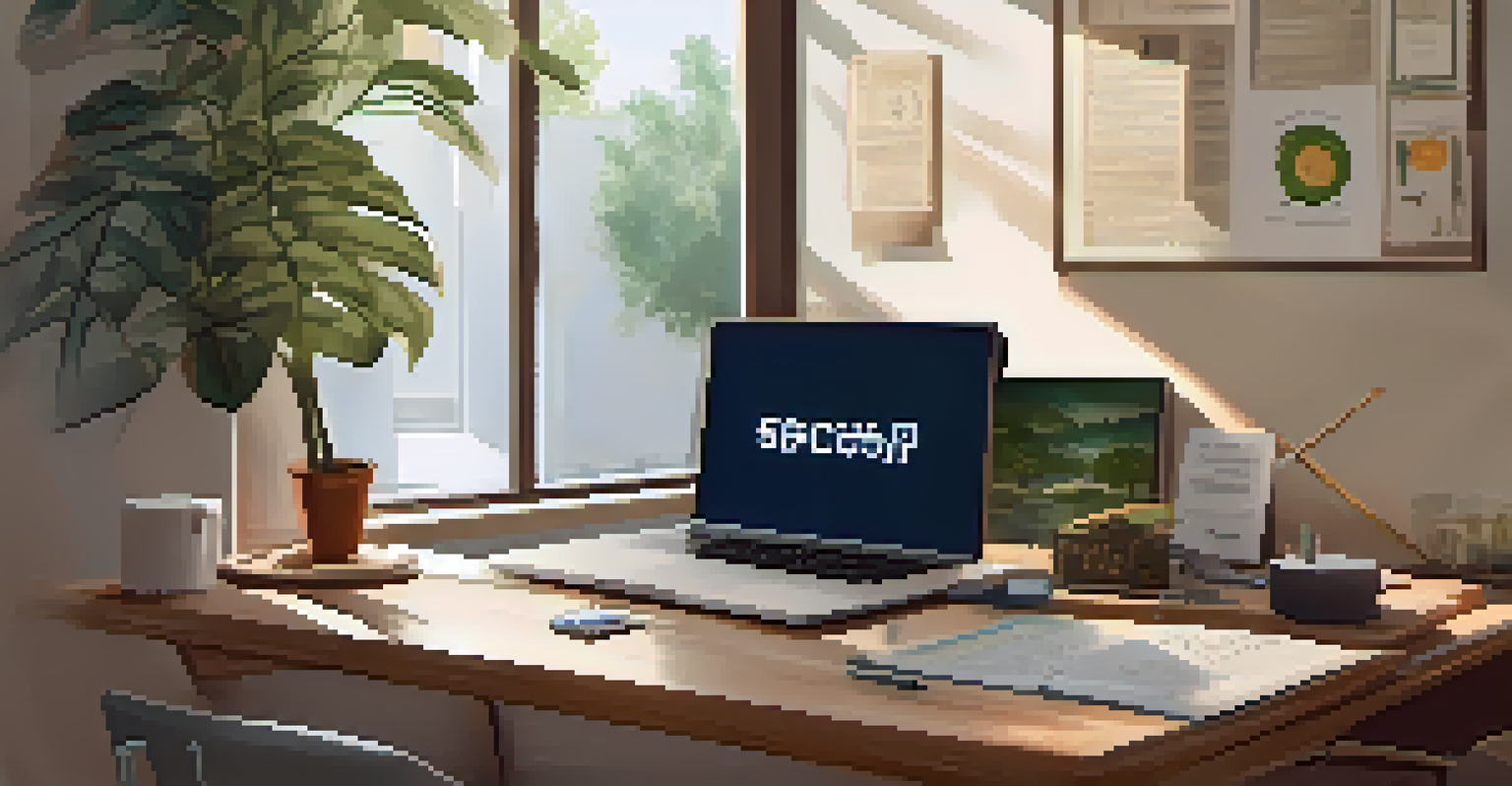 A workspace with a laptop showing a cryptocurrency news website and a notepad with notes.