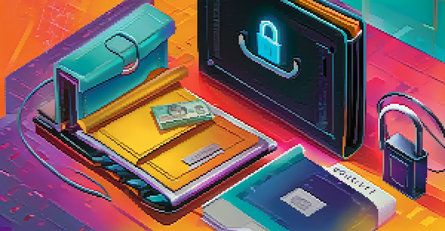 A digital illustration showing a cold wallet in a vault with security symbols and a hot wallet on a computer screen representing online access.