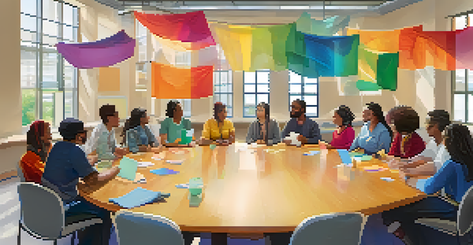 A diverse group of community members gathered around a table in a bright room, discussing and holding governance tokens.