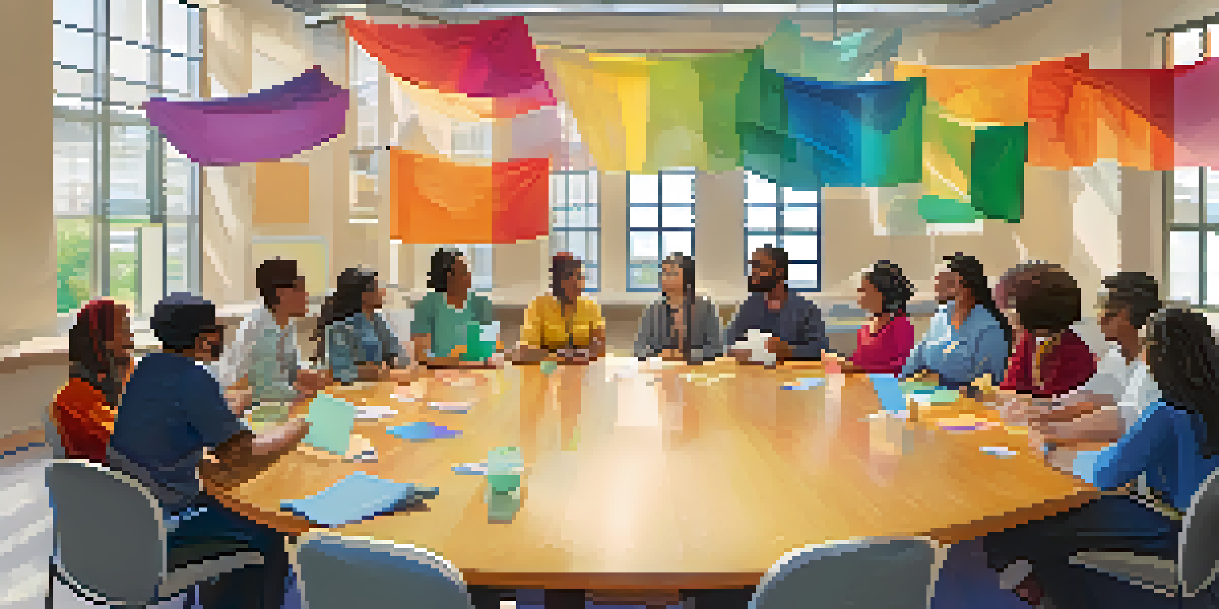 A diverse group of community members gathered around a table in a bright room, discussing and holding governance tokens.