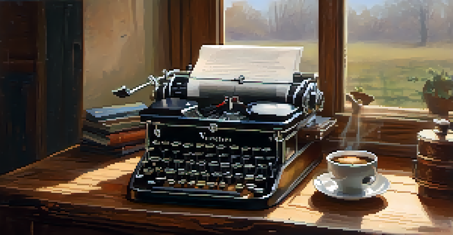 A vintage typewriter on a wooden table with papers and a coffee cup, illuminated by warm light.