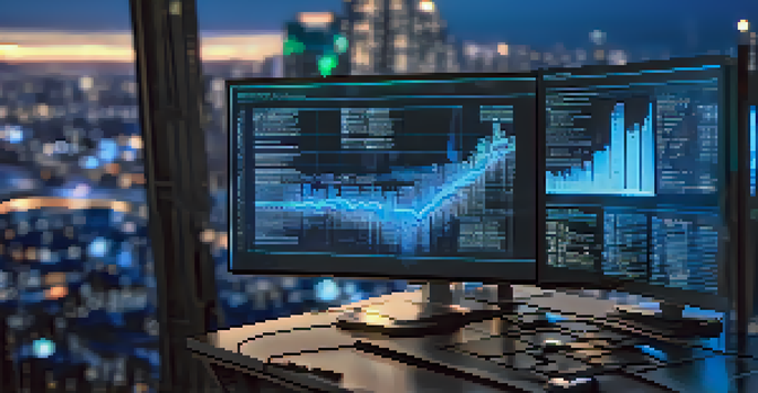 A computer screen displaying a digital blockchain ledger with glowing tokens and code, set against a blurred city skyline.