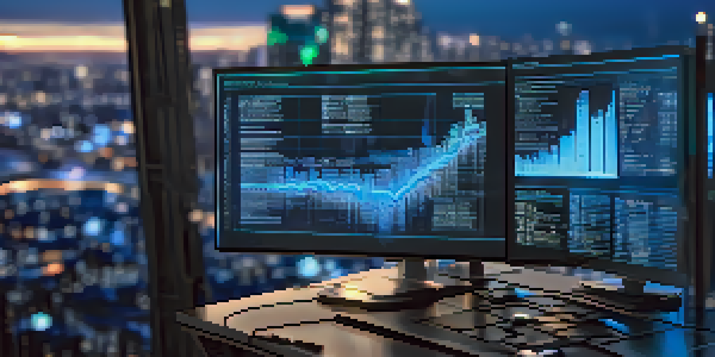 A computer screen displaying a digital blockchain ledger with glowing tokens and code, set against a blurred city skyline.
