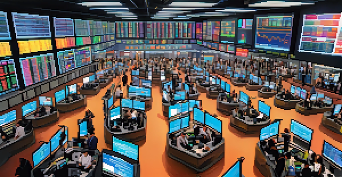 A lively stock trading floor with diverse traders looking at screens filled with stock market data, expressing different emotions.