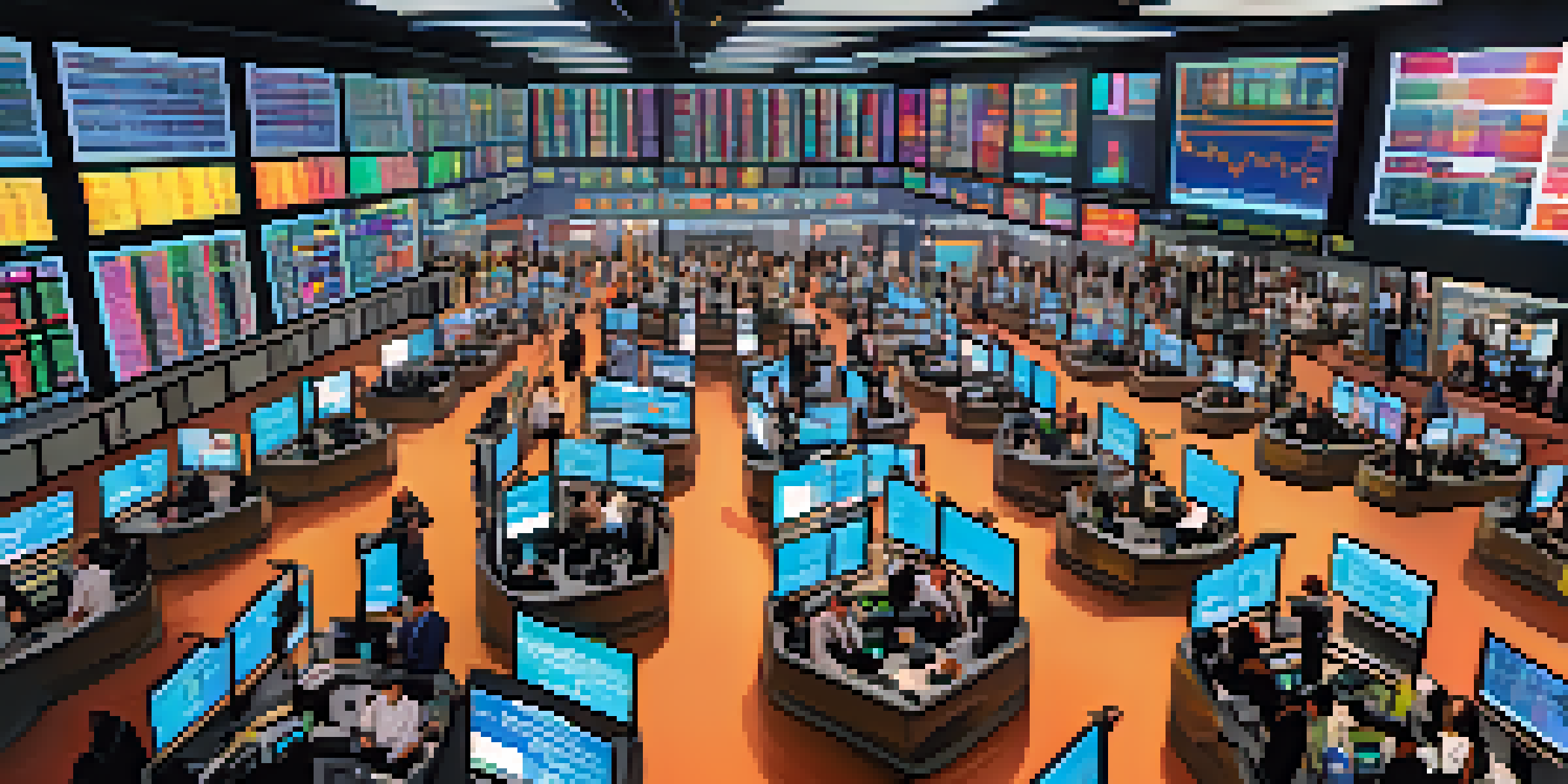 A lively stock trading floor with diverse traders looking at screens filled with stock market data, expressing different emotions.