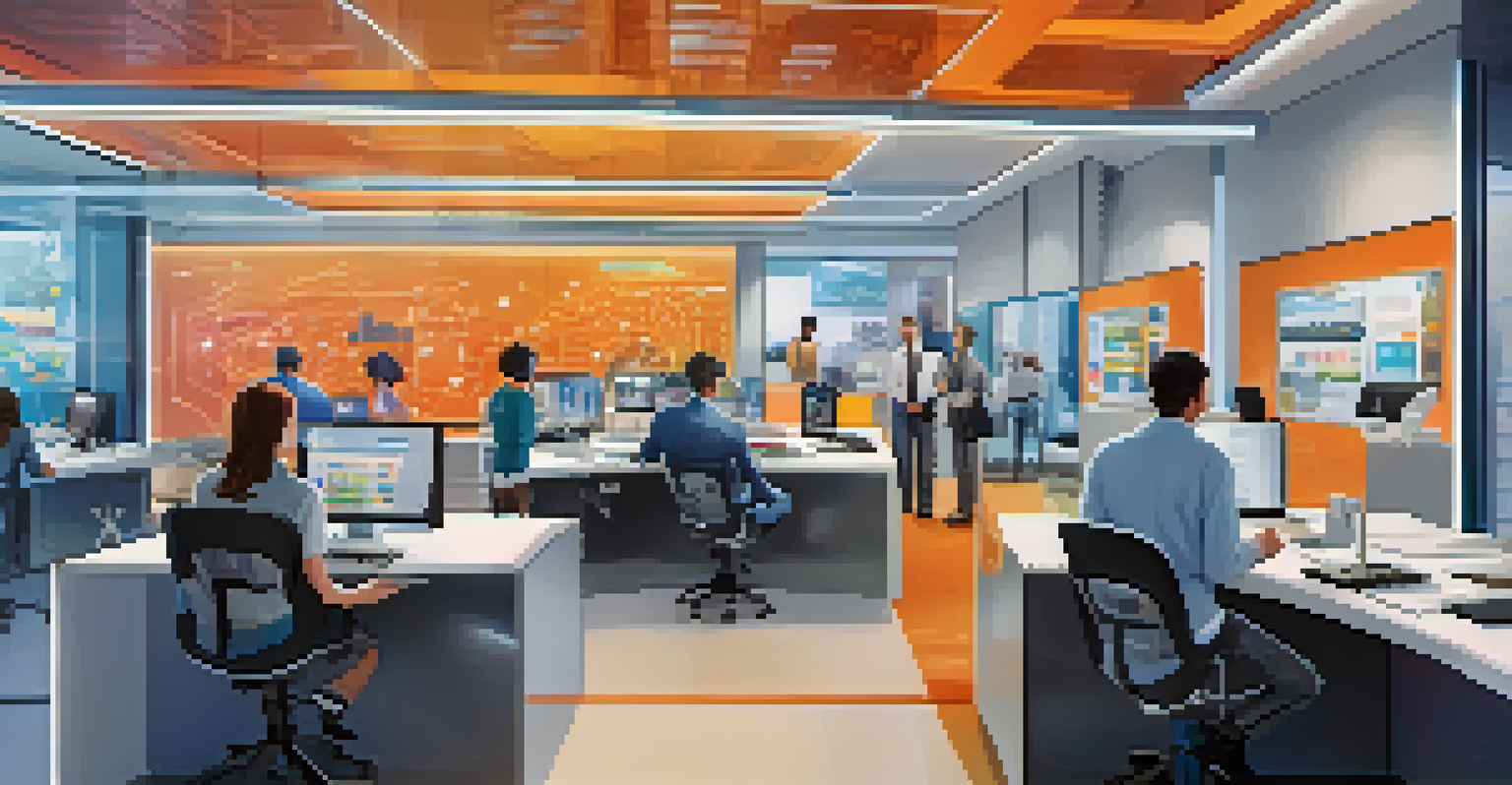 Futuristic office scene with employees choosing between traditional and cryptocurrency payment methods using digital screens.