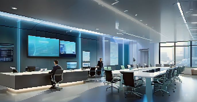 A modern banking office with professionals discussing smart contracts, illuminated by soft blue lighting.