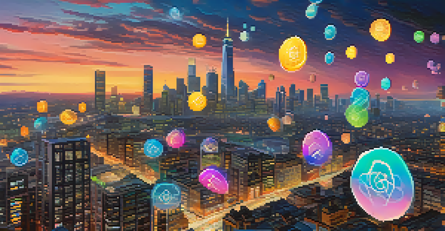 A city skyline at dusk with glowing digital tokens representing blockchain technology hovering above.