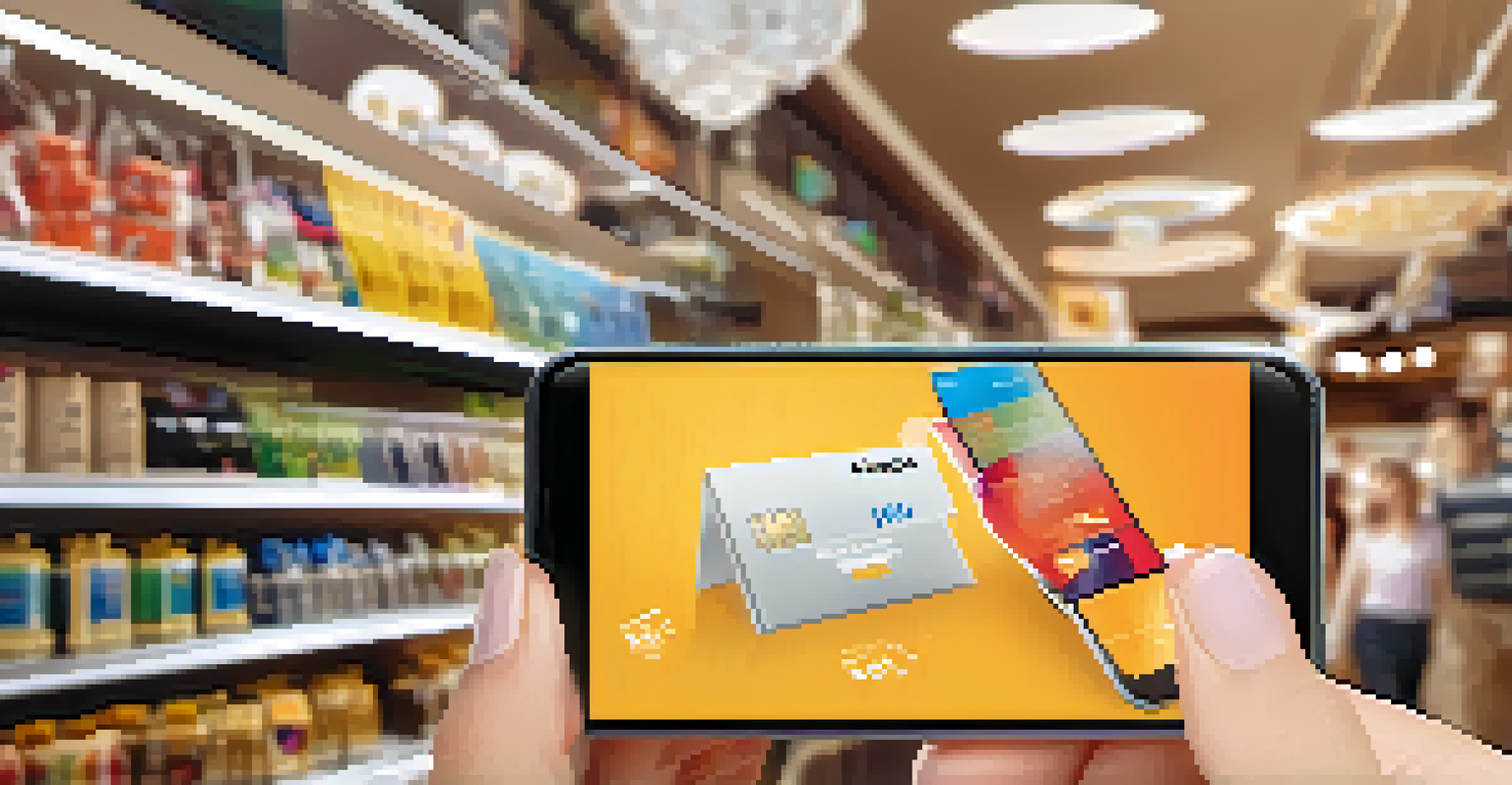 A satisfied customer using a mobile device to engage with a brand's loyalty program, set in a vibrant retail environment.