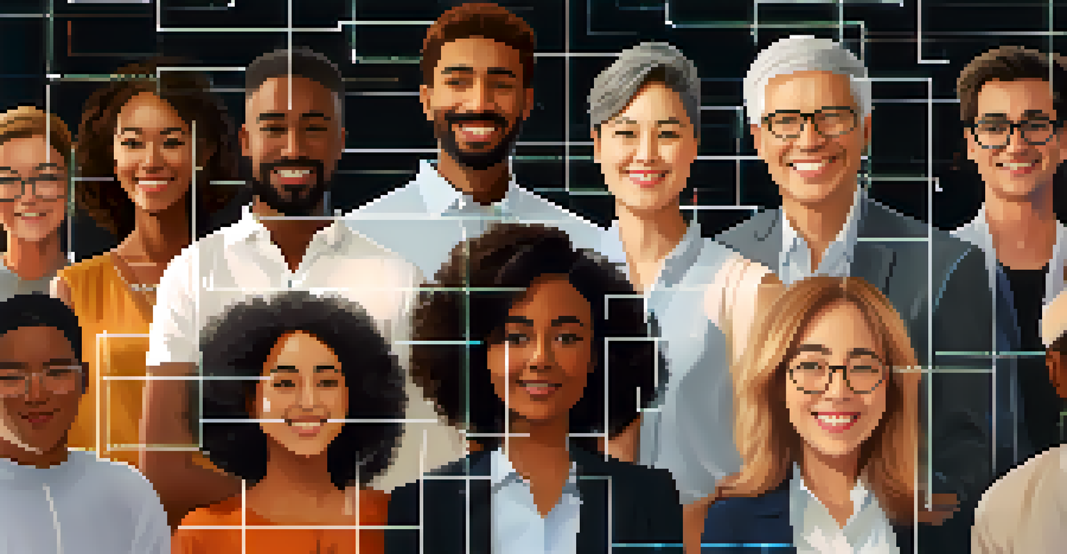 A diverse group of individuals interacting with a digital interface showing a blockchain network, representing inclusivity in investment opportunities.