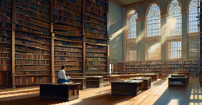 An interior view of a public library with bookshelves and a person reading at a table, illuminated by sunlight.