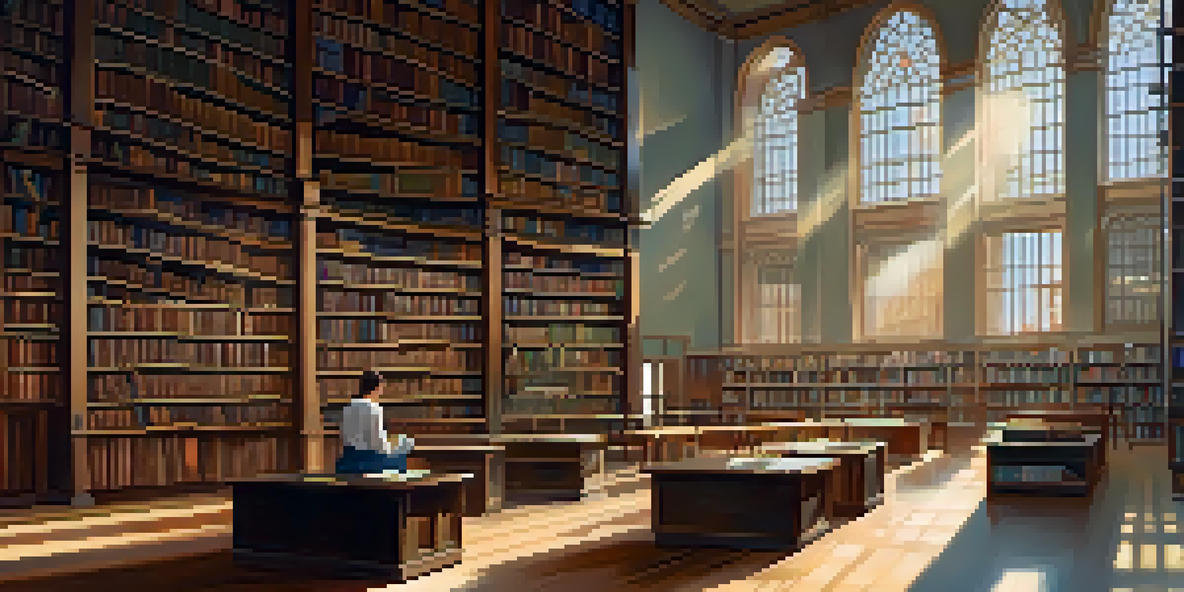 An interior view of a public library with bookshelves and a person reading at a table, illuminated by sunlight.