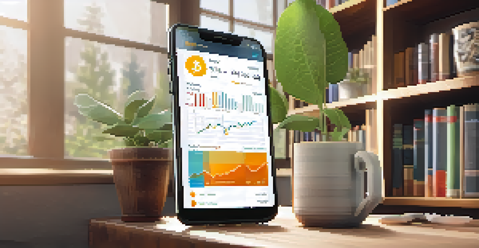 A close-up of a smartphone with a cryptocurrency trading app, set in a cozy home study with books and coffee.