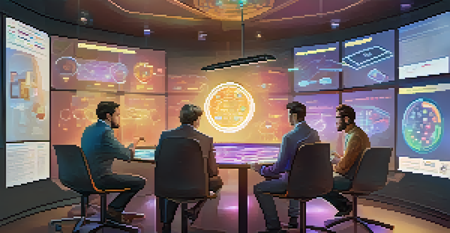 Developers collaborating around a digital table with holographic displays of token standards in a warmly lit room.