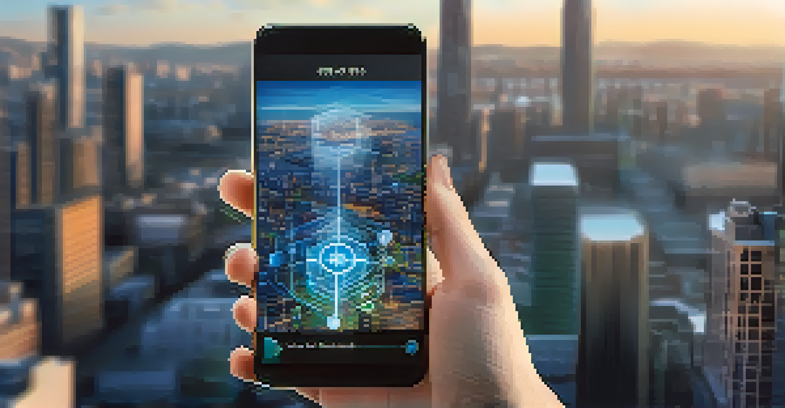 A close-up of a hand holding a smartphone with a blockchain app interface, with a modern city in the background.