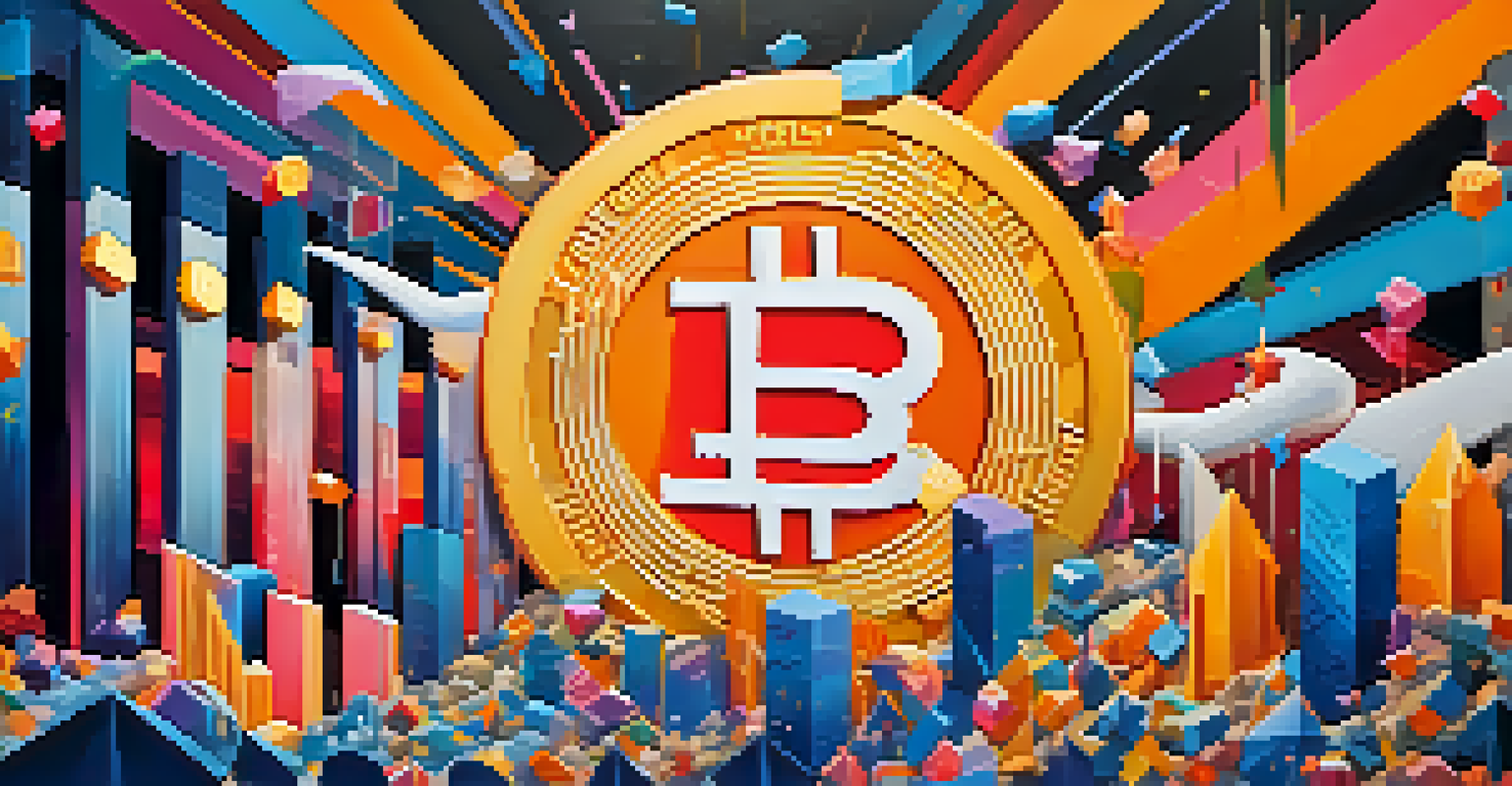 An abstract graphic illustrating the concept of FOMO in cryptocurrency trading with sharp graph spikes and digital icons.