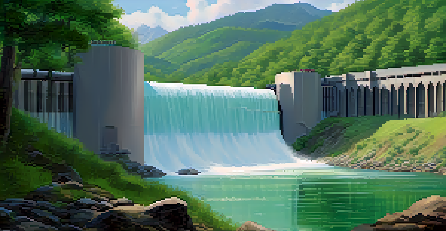 A cryptocurrency mining facility located next to a hydroelectric dam surrounded by nature.