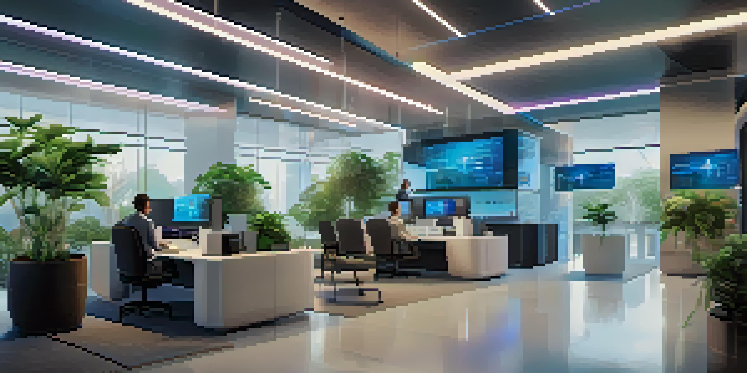 A modern insurance office with holographic displays and a collaborative environment.