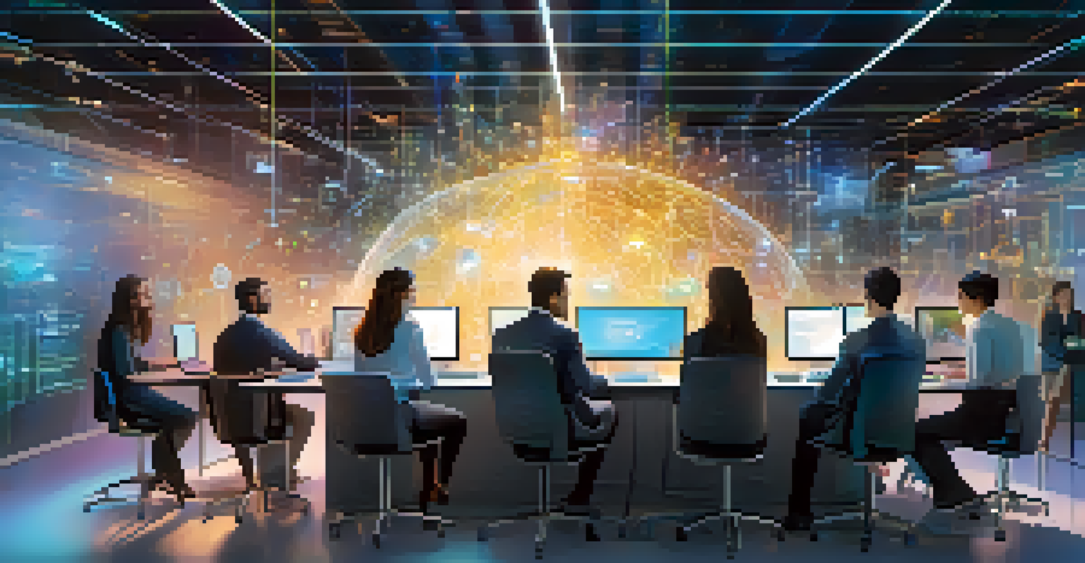 A collaborative workspace with experts discussing blockchain and quantum computing, featuring holographic displays.